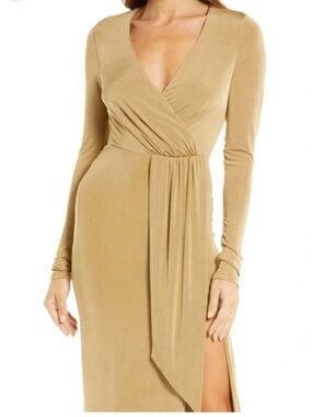 Good American Long-Sleeve Wrap Maxi Dress in Camel/Tan